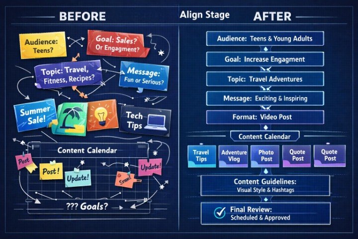 A dark blue infographic comparing a 'Before' content calendar approach with an 'After' social media planning workflow, featuring colorful labeled boxes and arrows on a navy background.