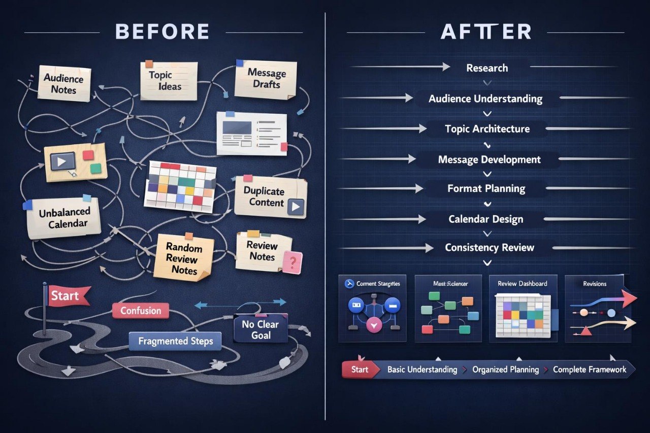 A before-and-after infographic on content planning, with the left side labeled BEFORE showing a messy, tangled workflow of notes, drafts, and review items on a dark blue background, and the right side labeled AFTER showing a clean, linear process with research, audience understanding, topic architecture, message development, format planning, calendar design, and consistency review.