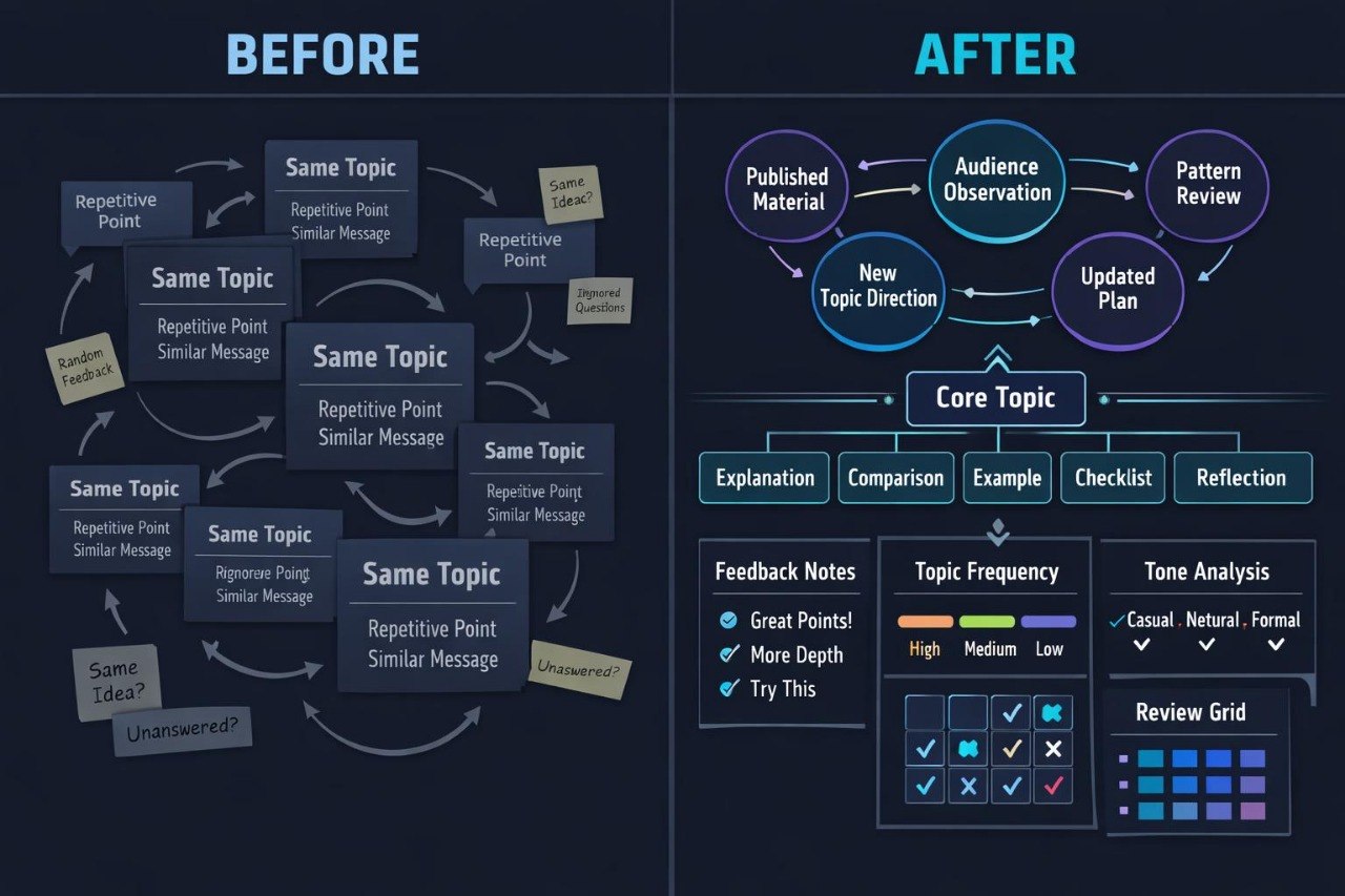 A dark navy infographic comparing a 'Before' state with an 'After' state, likely for a digital content creation or social media management tool. The 'Before' section shows a circular flow diagram of repetitive points and similar messages.