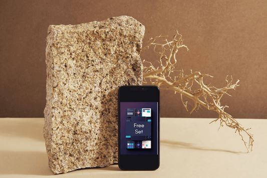 A black smartphone displaying the Windows Phone interface with 'Echo Grid' on its screen, standing upright next to a large rough stone and a dried branch against a brown backdrop.