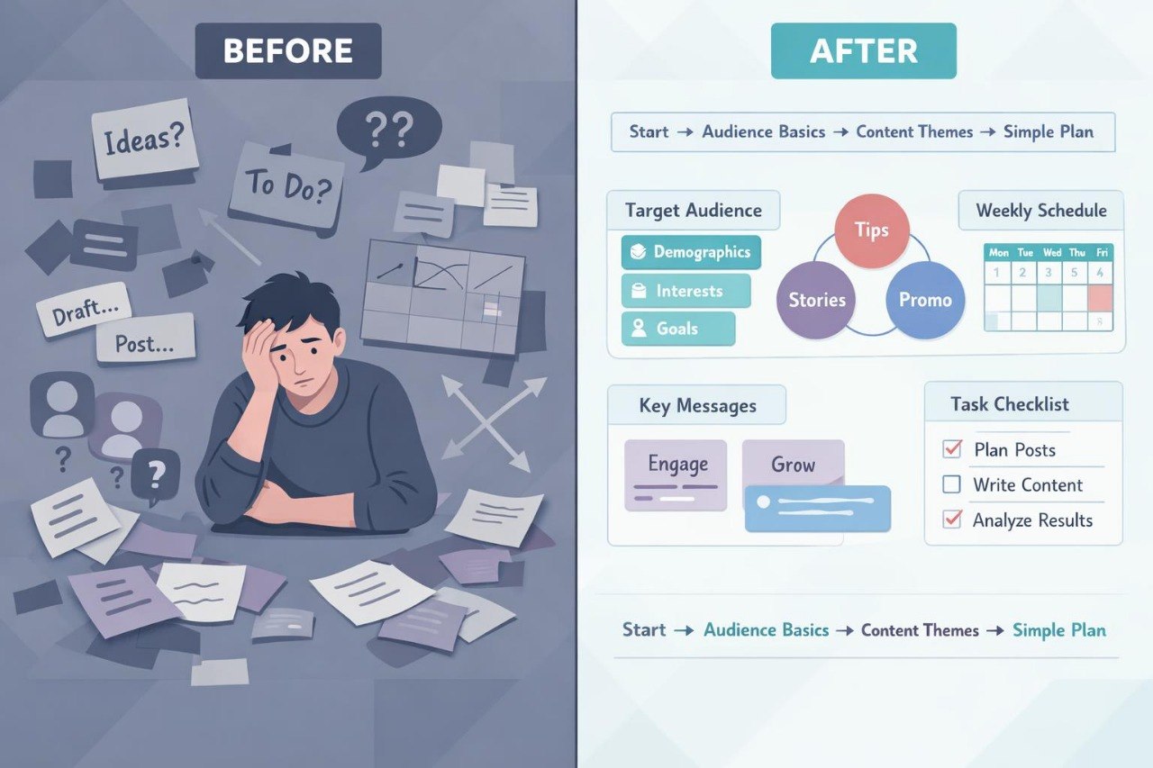 A split comparison graphic labeled BEFORE and AFTER. The left side shows a person sitting at a desk surrounded by papers and thought bubbles under the heading BEFORE.