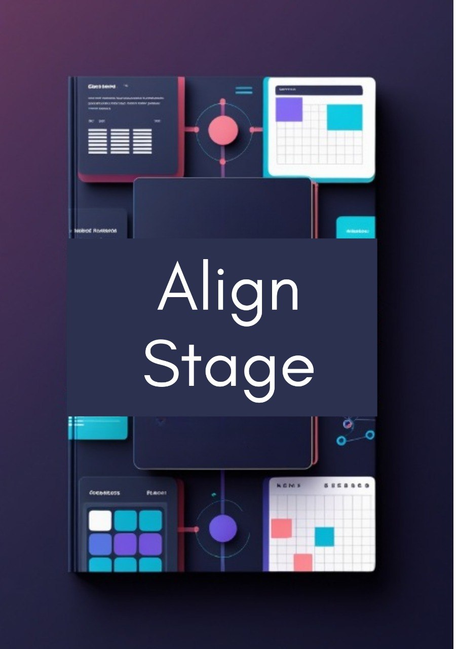 A digital graphic mockup featuring a central dark navy panel with the words 'Align Stage' in large white text, surrounded by stylized UI cards and dashboard elements in dark blue, teal, purple, pink, and white on a dark gradient background.