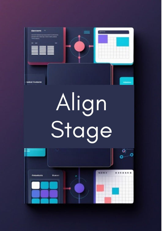 A digital graphic mockup featuring a central dark navy panel with the words 'Align Stage' in large white text, surrounded by stylized UI cards and dashboard elements in dark blue, teal, purple, pink, and white on a dark gradient background.