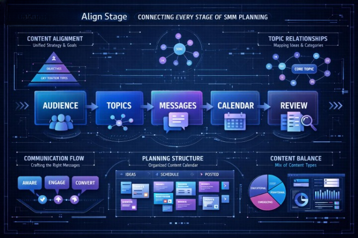 A digital infographic template titled 'Align Stage' showing a dark blue and purple workflow diagram for social media marketing (SMM) planning, featuring boxes for Audience, Topics, Messages, Calendar, Review, Communication Flow, Planning Structure, and Content Balance.