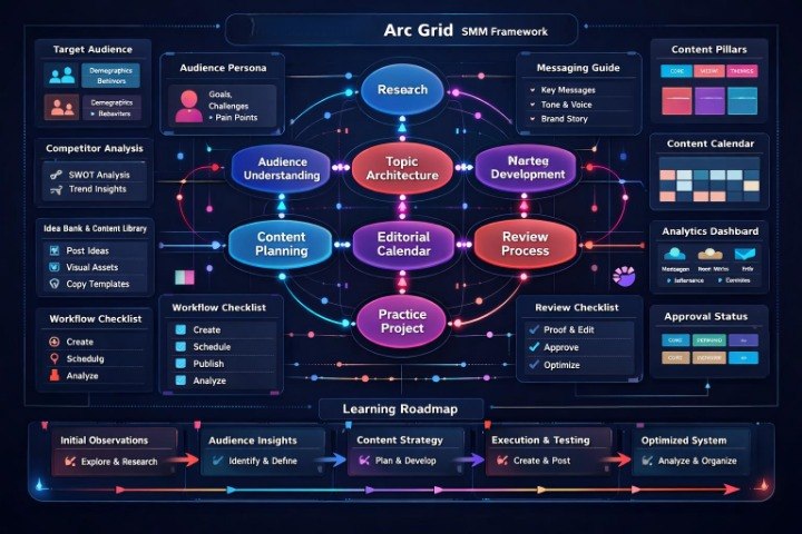 A digital infographic titled 'Arc Grid SMM Framework' displaying a dark navy blue flowchart with glowing neon purple, pink, and blue nodes and connecting lines, outlining social media marketing steps and metrics.