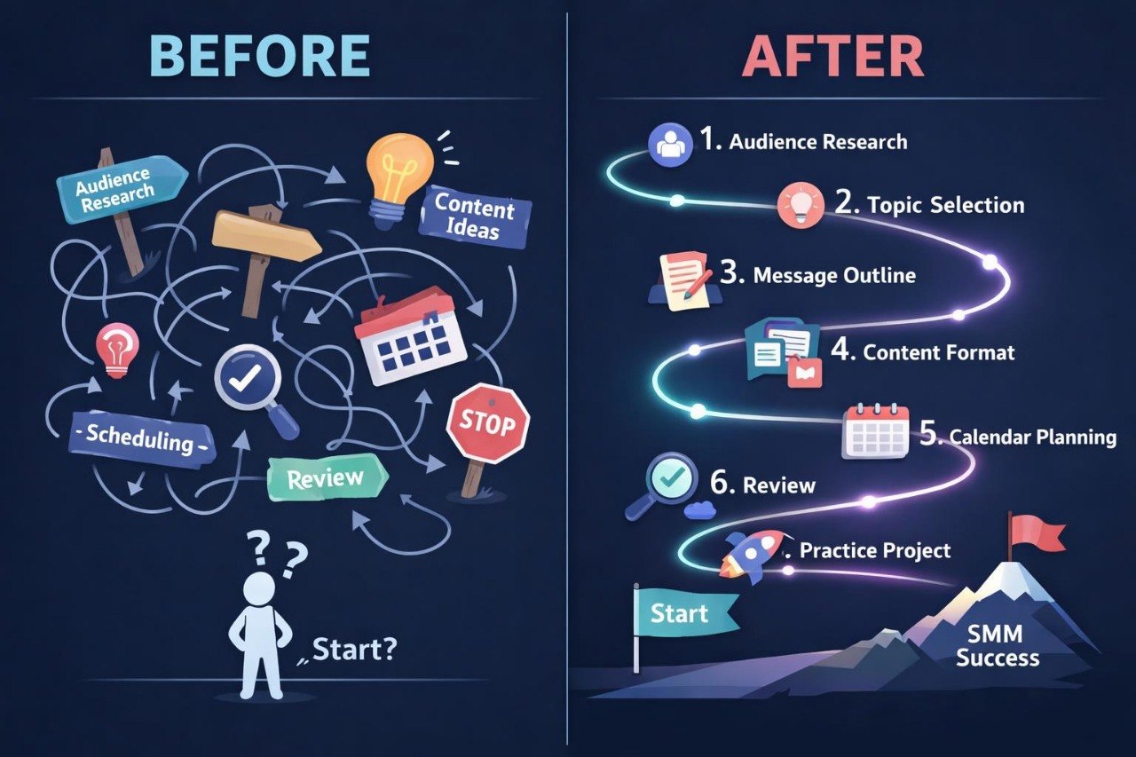 A dark navy infographic comparing a messy 'Before' content creation process with a clear 'After' workflow. The 'Before' section shows tangled arrows, a lightbulb, a calendar, and a stop sign with labels like 'Audience Research', 'Content Ideas', and 'Scheduling'.