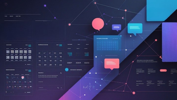 Abstract digital interface mockup with UI cards, chat bubbles, calendar grids, and network nodes in a dark navy and purple color scheme.