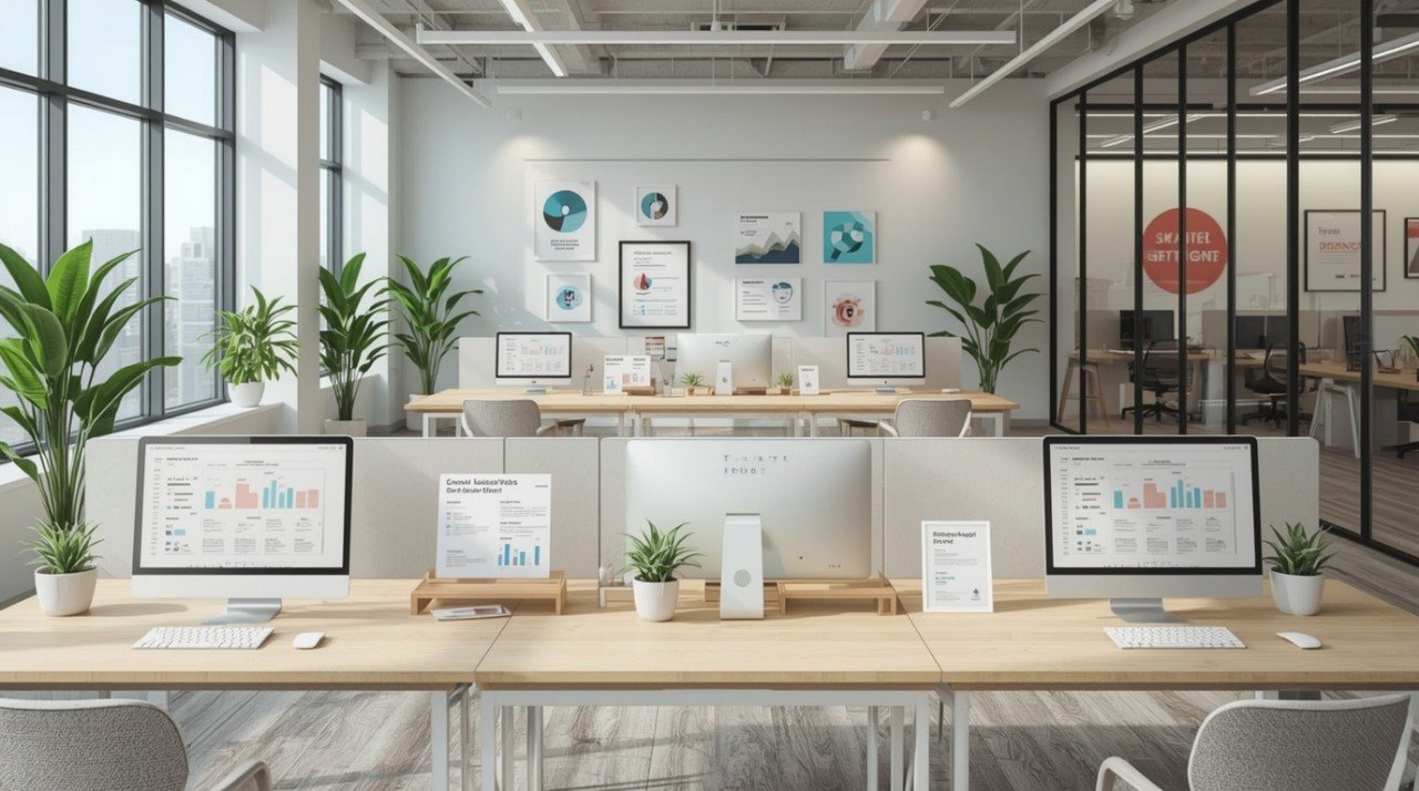 A bright, modern office workspace with light wood desks, computer monitors displaying charts, potted green plants, and a glass partition wall in the background.