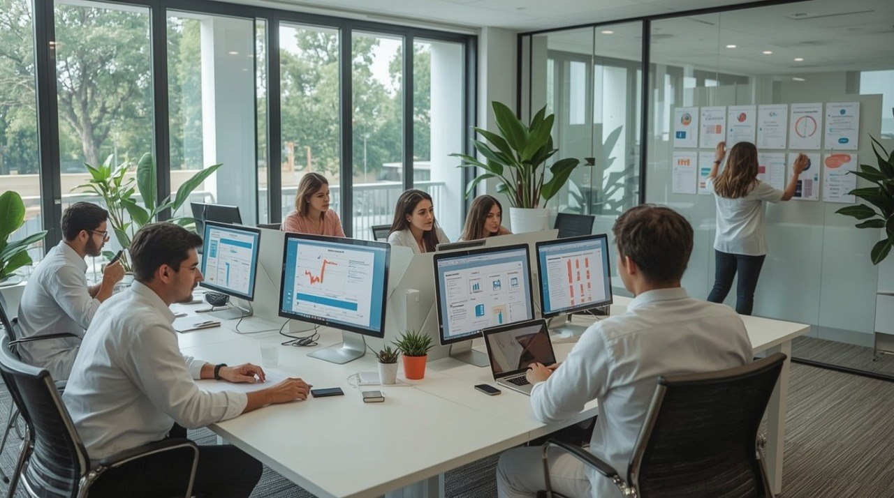 A modern office workspace with several people seated around a white table, each looking at computer monitors, while one woman stands near a glass wall and whiteboard in the background.