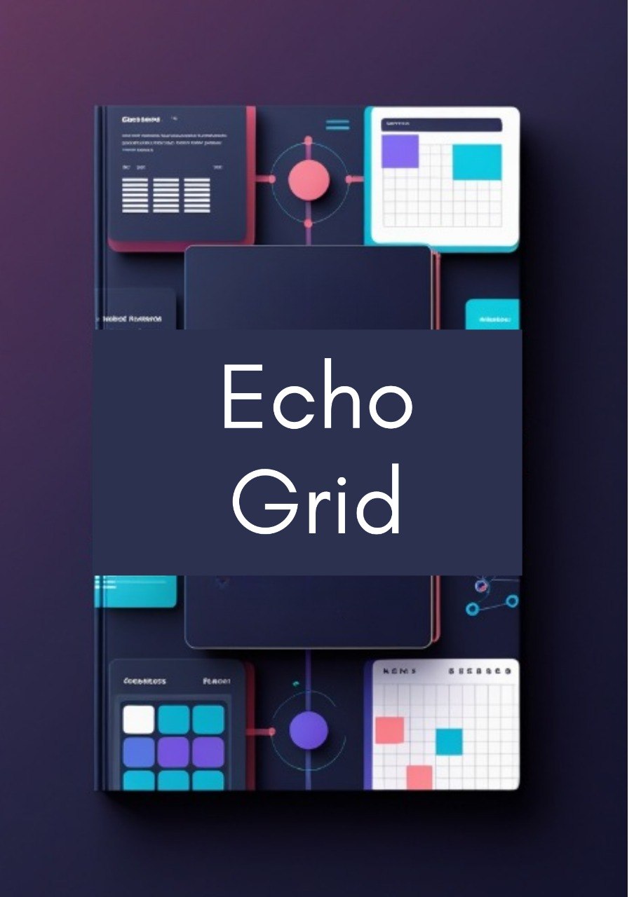 A digital graphic template or presentation layout titled 'Echo Grid' in white text on a dark navy central panel, surrounded by abstract UI cards and charts in dark blue, teal, purple, and white, set against a dark purple gradient background.