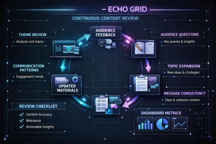 A digital infographic titled 'ECHO GRID' showing a continuous content review workflow with labeled boxes such as theme review, audience feedback, updated materials, audience questions, topic expansion, message consistency, and dashboard metrics on a dark tech-style background.