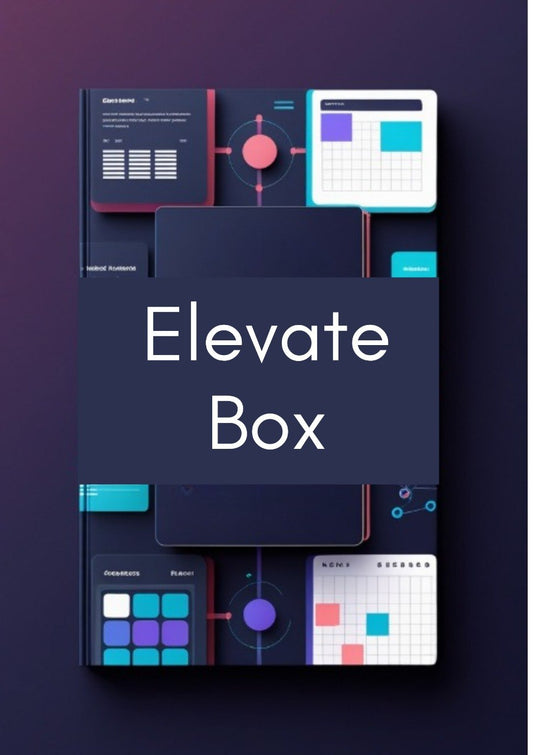 A stylized digital mockup of a dark navy rectangular box labeled 'Elevate Box' in large white text, surrounded by abstract UI panels and charts in purple, blue, pink, and white on a dark purple background.