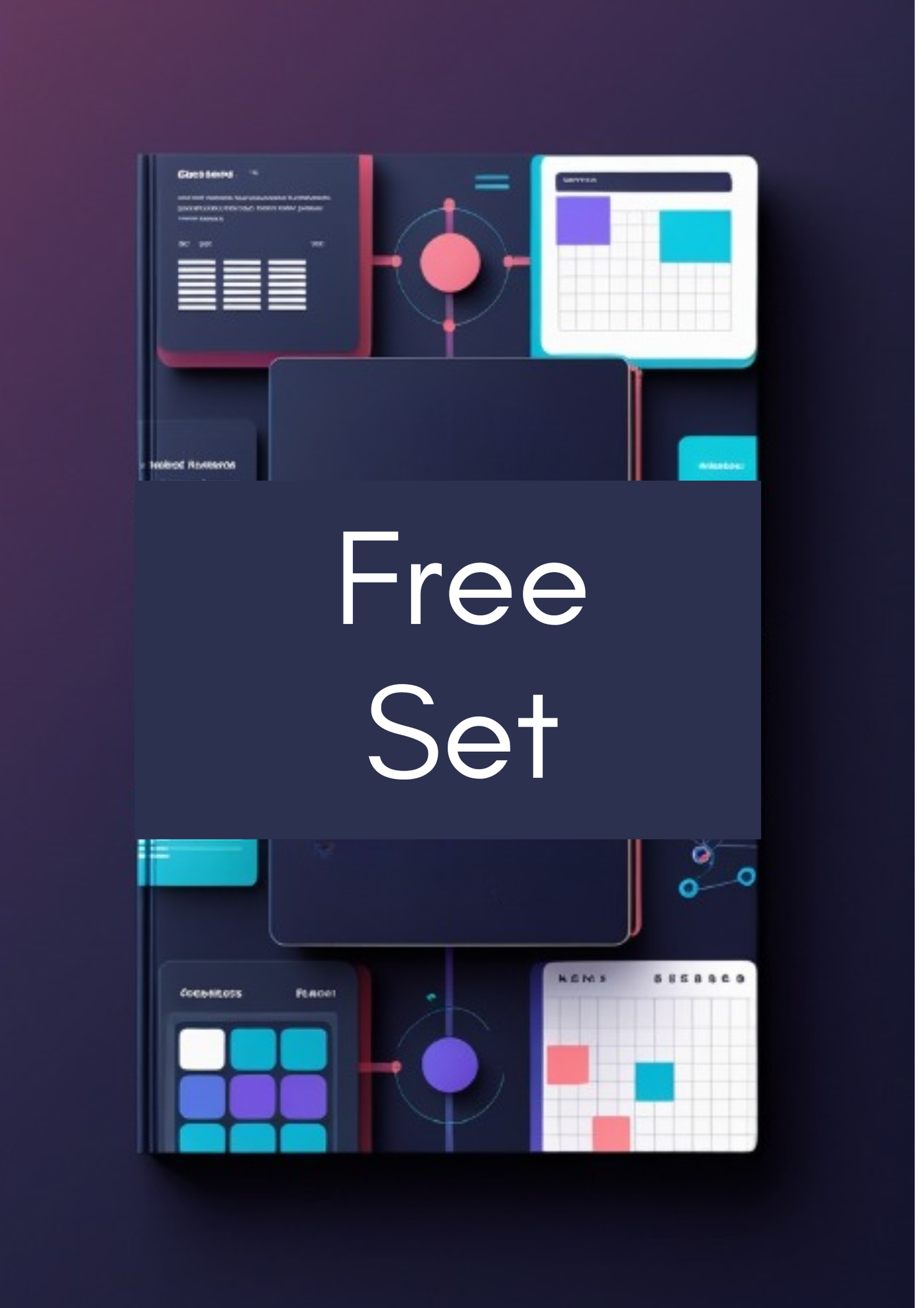 A digital preview of a presentation template set featuring dark navy, purple, and teal UI elements with the large text 'Free Set' in the center, shown on a dark gradient background.