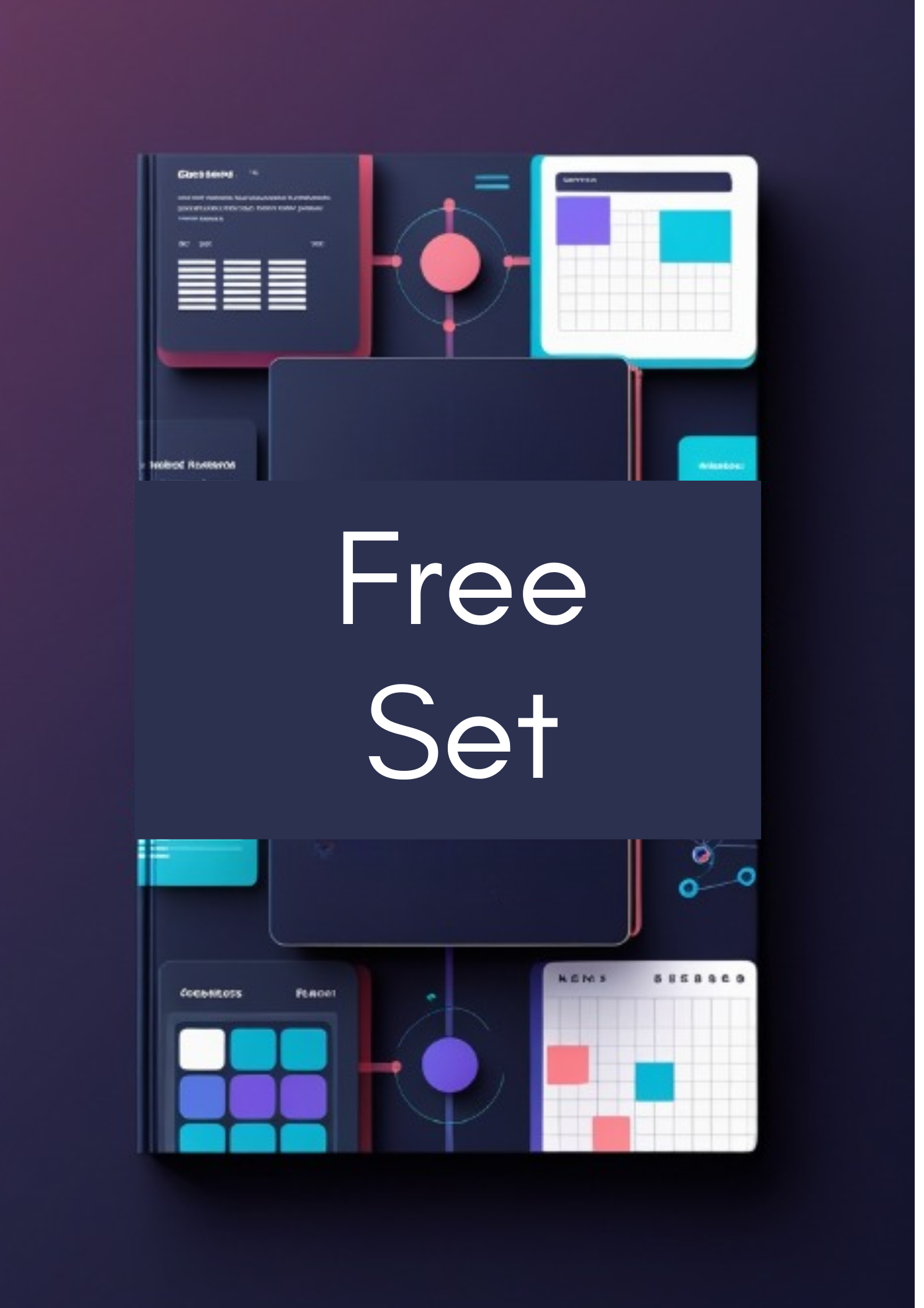 A digital preview of a presentation template set featuring dark navy, purple, and teal UI elements with the large text 'Free Set' in the center, shown on a dark gradient background.