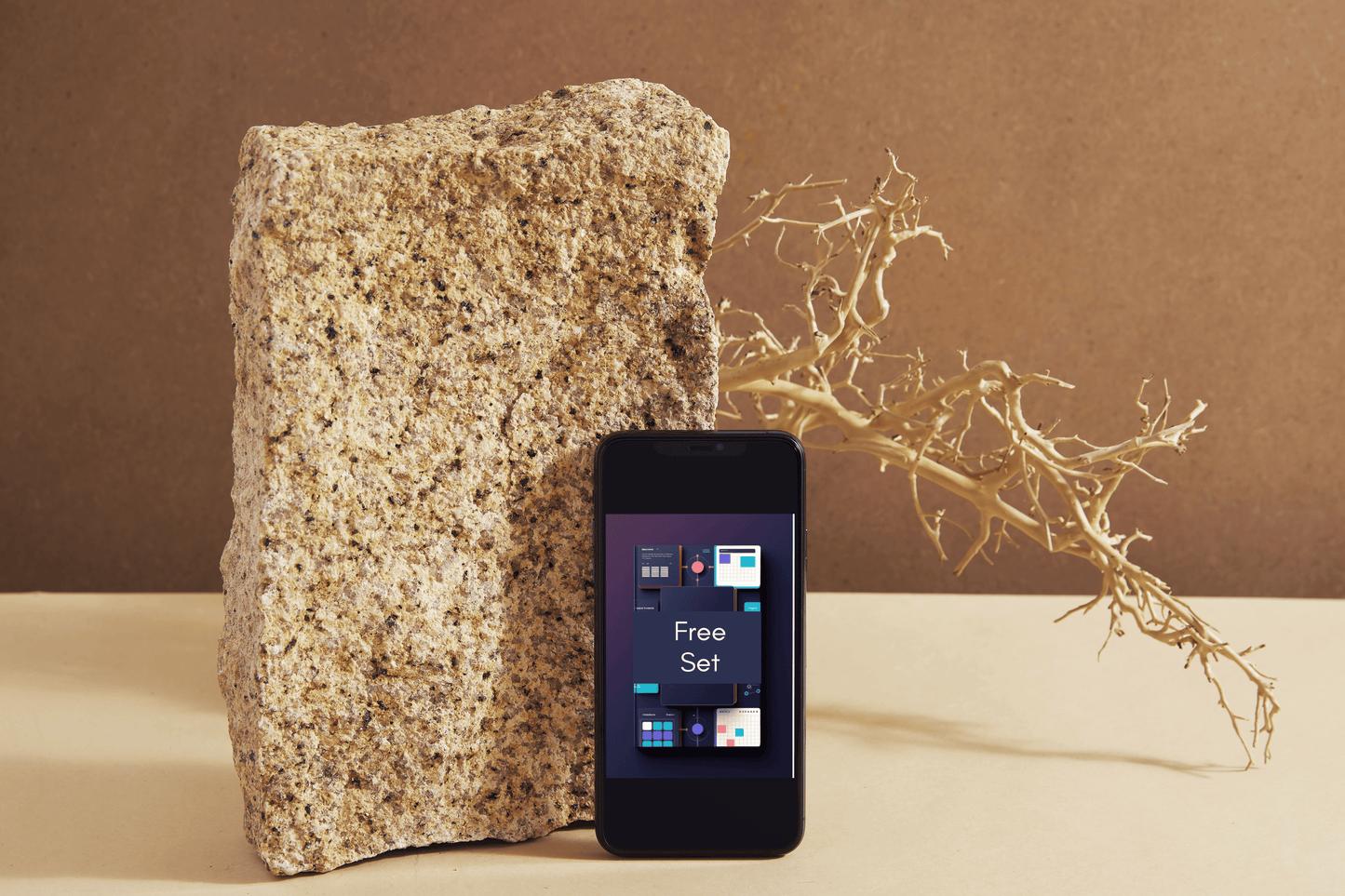 A black smartphone displaying the Windows Phone interface with 'Echo Grid' on its screen, standing upright next to a large rough stone and a dried branch against a brown backdrop.