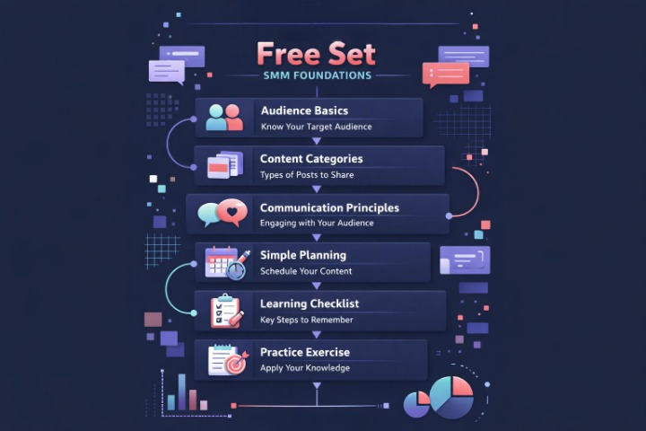 An infographic-style digital graphic titled 'Free Set' with 'SMM Foundations' at the top, showing a vertical sequence of dark blue panels with icons and text about audience basics, content categories, communication principles, simple planning, learning checklist, and practice exercise, surrounded by small colorful digital illustrations on a dark navy background.