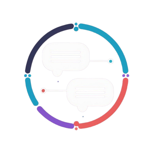 A minimalist circular diagram with four colored segments in dark blue, teal, coral red, and purple, surrounding two white speech-bubble icons on a plain white background.