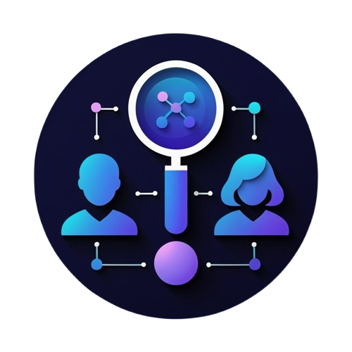 A circular digital vector icon featuring a magnifying glass over two stylized human profiles, connected by lines with small nodes, in a blue and purple gradient on a dark navy background.