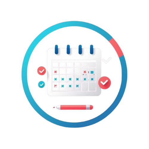 A flat vector illustration of a monthly calendar with check marks and a red pencil, enclosed in a large blue circular outline on a white background.