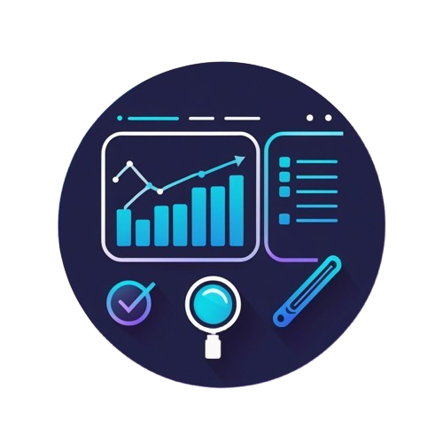 A circular vector icon featuring business and analytics symbols, including a bar chart with an upward-trending line, a list, a magnifying glass, a checkmark, and a pen, rendered in shades of blue, purple, and white on a dark navy background.