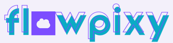 The logo for 'flowpixy' is displayed on a light lavender background. The logo features stylized lowercase letters in a bright cyan-blue color with a thin purple outline, where the letter 'o' is replaced by a purple square containing a white cloud icon.