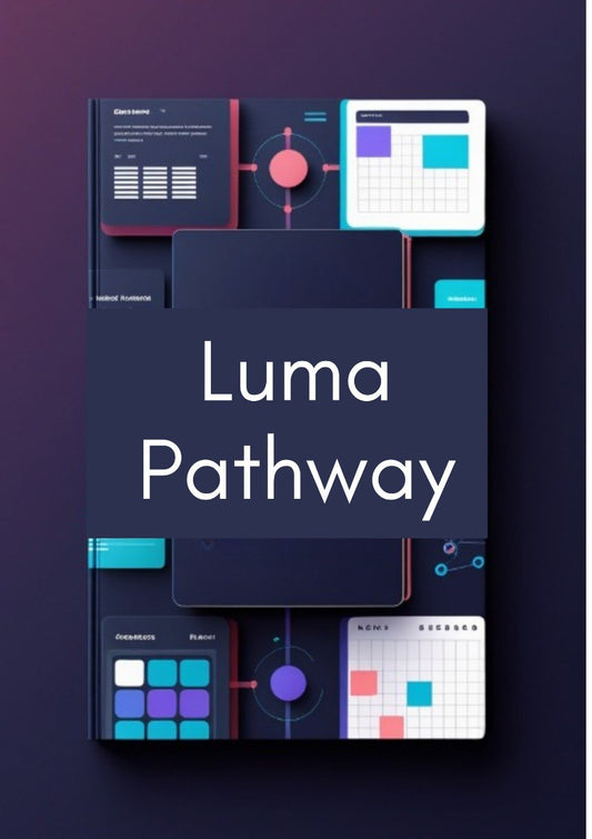A digital cover or poster for 'Luma Pathway' featuring a dark navy central panel with white text, surrounded by abstract UI-style graphics in purple, teal, pink, and white on a dark gradient background.