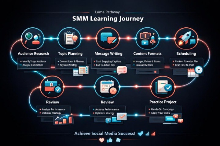An infographic titled 'SMM Learning Journey' on a dark background, showing a circular process with stages such as audience research, topic planning, message writing, content formats, scheduling, review, and practice project, with glowing blue and orange icons and text.