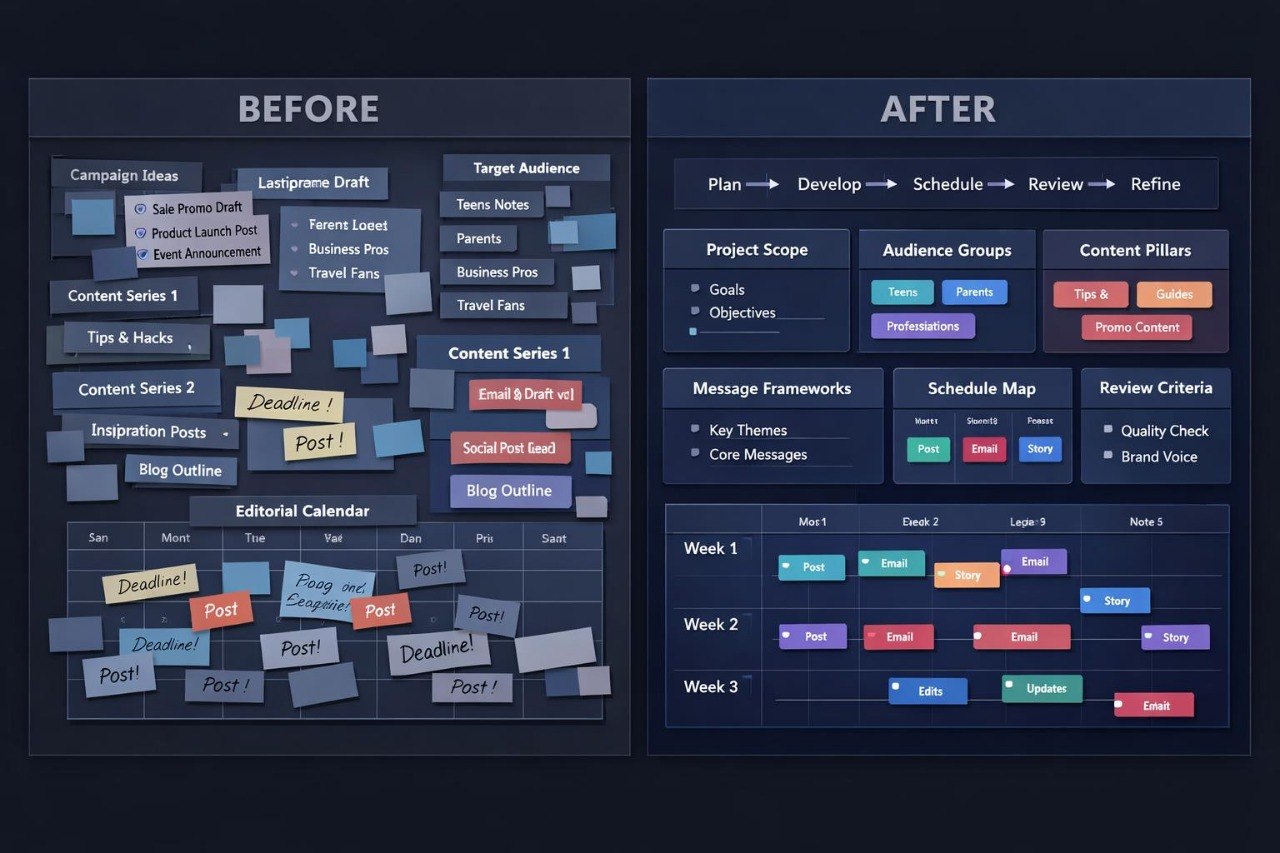 A side-by-side comparison graphic labeled BEFORE and AFTER, showing a before-and-after workflow or content planning layout on a dark navy background with colored sticky notes and boxes.