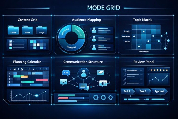 A digital infographic titled 'MODE GRID' with six dark blue panels showing business and content planning tools, including Content Grid, Audience Mapping, Topic Matrix, Planning Calendar, Communication Structure, and Review Panel.