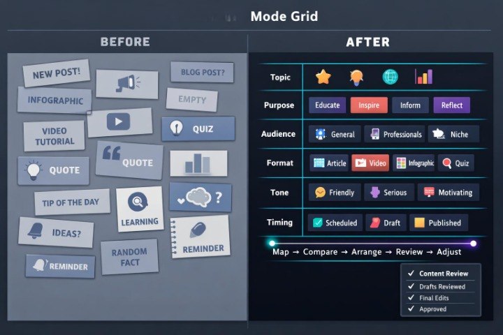 A digital interface comparison graphic titled 'Mode Grid' showing 'BEFORE' and 'AFTER' panels with various post and review workflow tiles on a dark blue and gray background.