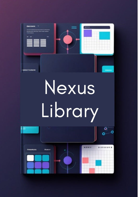A digital cover design for 'Nexus Library' featuring a dark navy blue central title card with white text, surrounded by abstract tech-themed panels in shades of navy, purple, teal, and white.