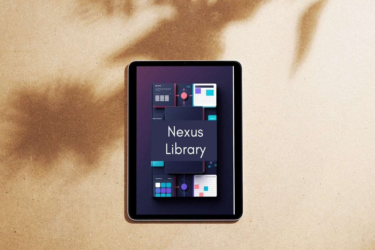 A tablet device lying flat on a textured beige surface with soft brown leaf shadows cast across it. The screen displays a dark interface labeled 'Nexus Library'.