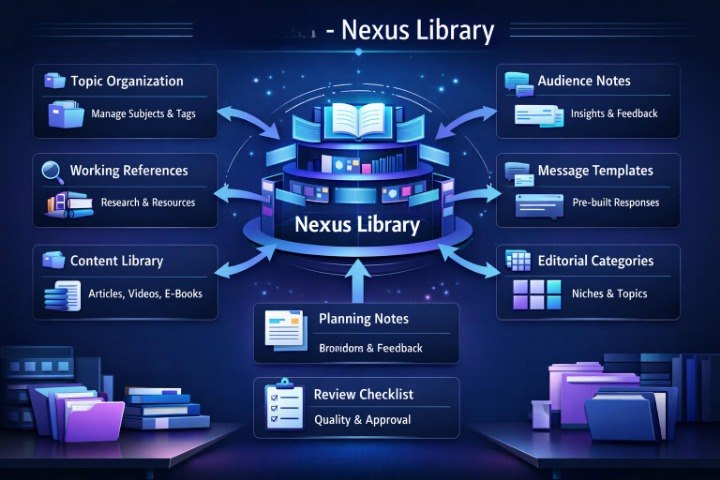 A digital infographic diagram of the Nexus Library system, featuring a central blue open book icon on a stack of books, surrounded by various digital folders and files such as Topic Organization, Audience Notes, Message Templates, and Planning Notes, all set against a dark blue futuristic background.