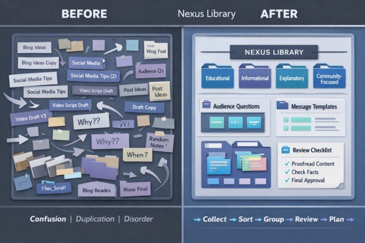 A before-and-after comparison graphic for the Nexus Library feature, showing a cluttered workflow diagram labeled 'Before' on the left and an organized library interface labeled 'After' on the right.