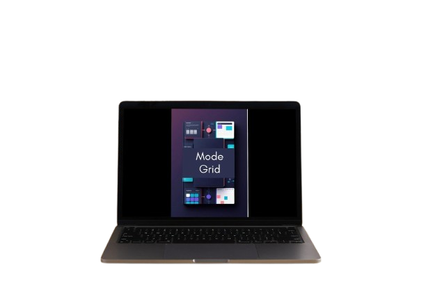 A laptop computer shown open and centered on a plain white background, with its screen on displaying a dark interface and the text 'Mode Grid'.